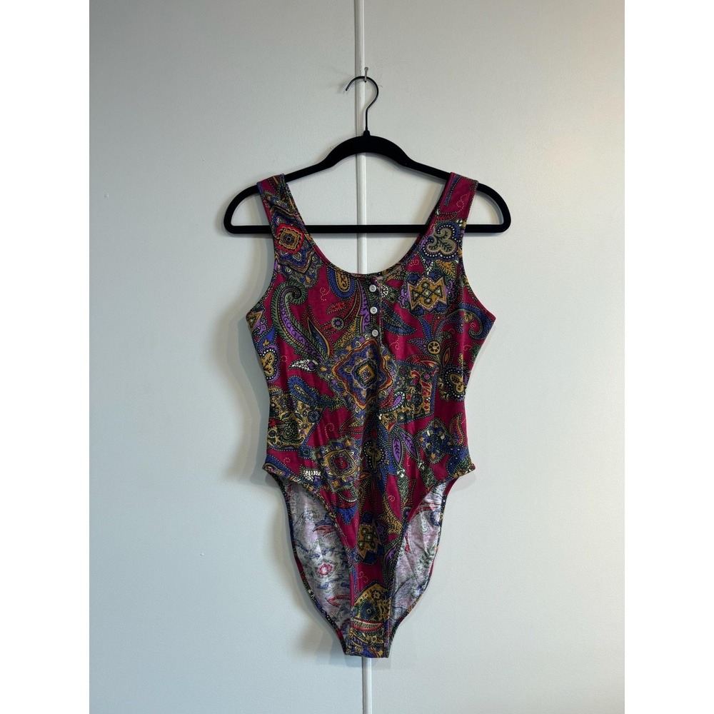 VTG Victoria's Secret Bodysuit Womens Medium Multicolor Paisley Jersey Stretch